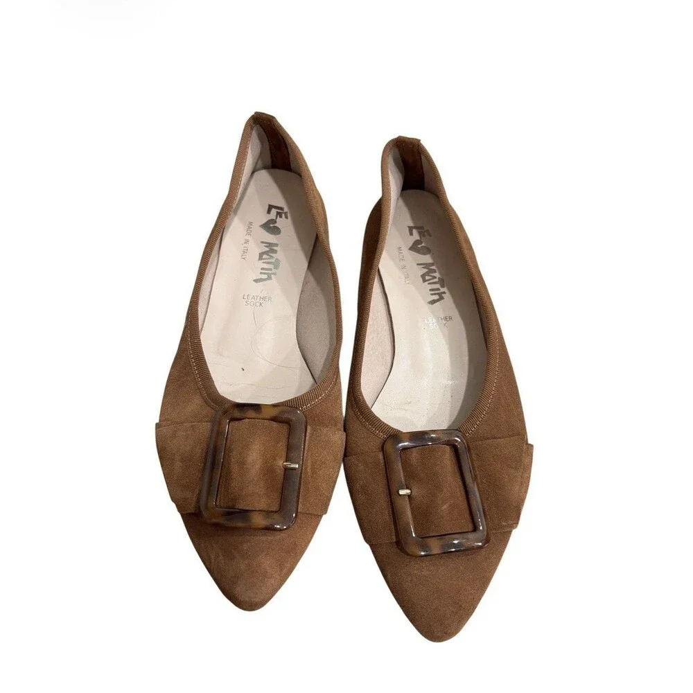 Le Matin Italy Brown Suede Pointed Toe Flat Tortoise Shell  Buckle Sz 9/39